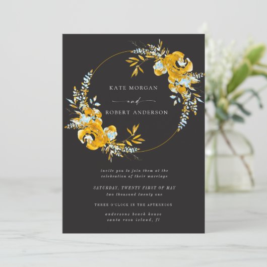 高級金ゴールドターコイズフローラ結婚式招待状 (スタンド正面)