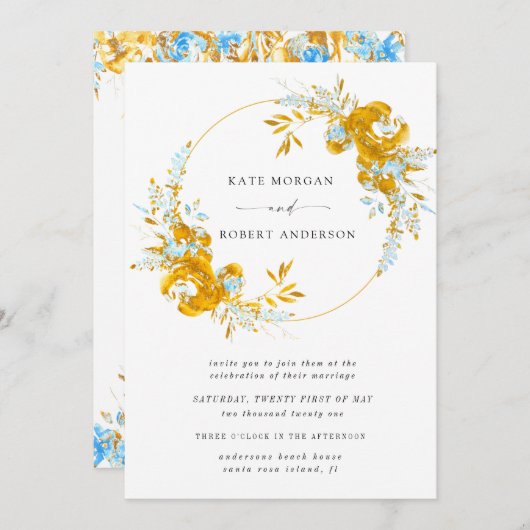 高級金ゴールドターコイズフローラ結婚式招待状 (正面/裏面)