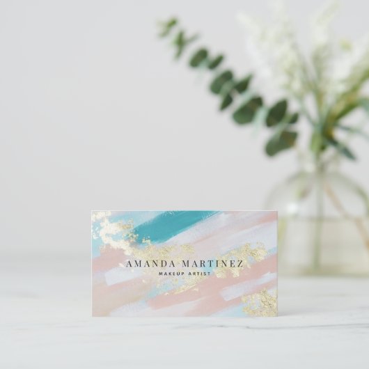 高級金ゴールドティール（緑がかった色）ピンクブラシストロークソーシャルメディア 名刺 (スタンド正面)
