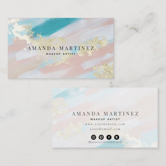 高級金ゴールドティール（緑がかった色）ピンクブラシストロークソーシャルメディア 名刺 (正面/裏面)