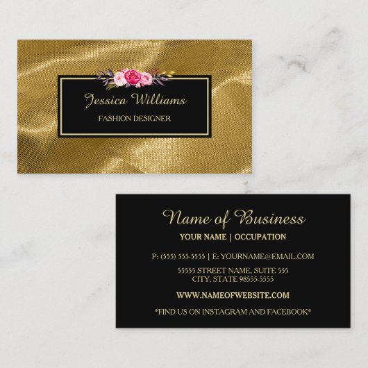 高級金ゴールドテキスタイルピンクフローラファッションデザイナー 名刺 (正面/裏面)