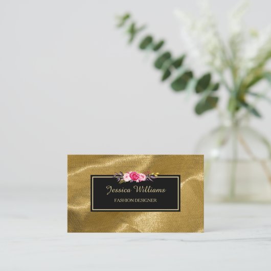 高級金ゴールドテキスタイルピンクフローラファッションデザイナー 名刺 (スタンド正面)