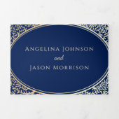 高級金ゴールドネイビーブルーフローラ写真結婚ズ 三つ折り招待状 (カバー)