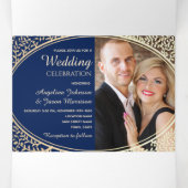 高級金ゴールドネイビーブルーフローラ写真結婚ズ 三つ折り招待状 (内部中)