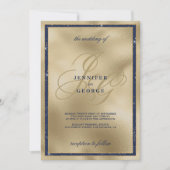 高級金ゴールドネイビーブルーモノグラムイニシャル結婚ズ 招待状 (正面)