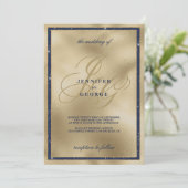 高級金ゴールドネイビーブルーモノグラムイニシャル結婚ズ 招待状 (スタンド正面)