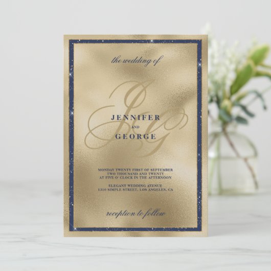 高級金ゴールドネイビーブルーモノグラムイニシャル結婚ズ 招待状 (スタンド正面)