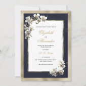 高級金ゴールドネイビーブルー白オーキッ結婚クの花 招待状 (正面)