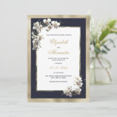 高級金ゴールドネイビーブルー白オーキッ結婚クの花 招待状 (スタンド正面)