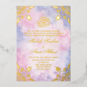 高級金ゴールドパープル&ピンクイスラム結婚教徒 箔招待状 (正面)