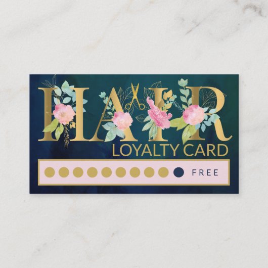 高級金ゴールドフォイルとネイビーHAIRサロンロイヤリティパンチ 名刺 (正面)
