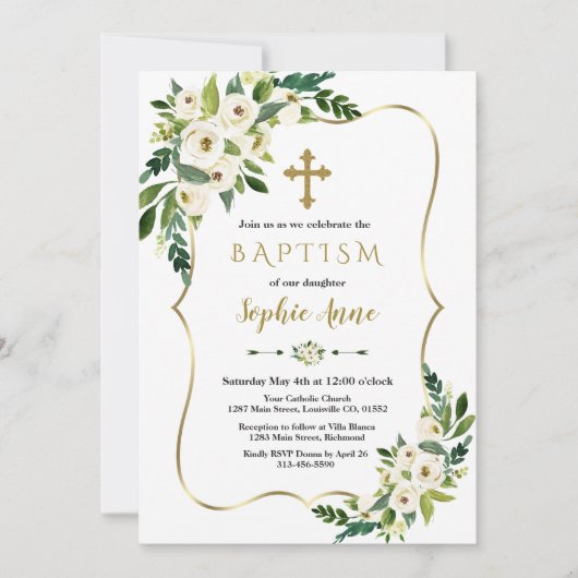 高級金ゴールドフレームホワイトフラワーガールバプテスマ 招待状 (正面)