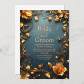 高級金ゴールドフローラエレガントティール(緑がかった色)背景 招待状 (正面/裏面)