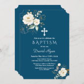 高級金ゴールドホワイトフラワーズクロスボーイバプテスマ 招待状 (正面/裏面)