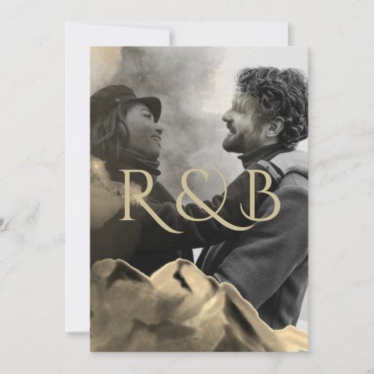 高級金ゴールドマウンテンズオーバーレイ結婚フォト 招待状 (正面)