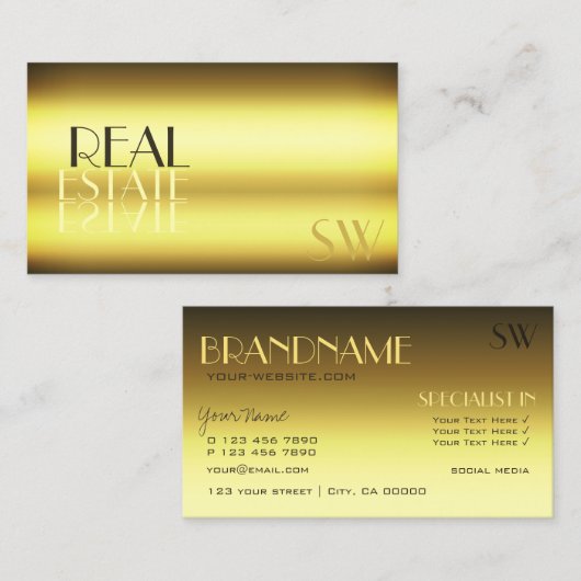 高級金ゴールドモダン鏡文字付きモノグラム 名刺 (正面/裏面)