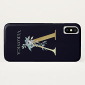 高級金ゴールドモノグラムレターVフローラブルー名 Case-Mate iPhoneケース (裏面(横))