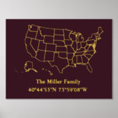 高級金ゴールド米国地図経度緯度実在家 箔ポスター (正面)