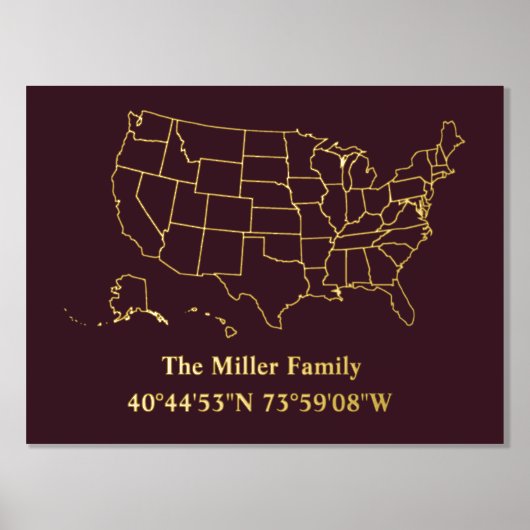 高級金ゴールド米国地図経度緯度実在家 箔ポスター (正面)