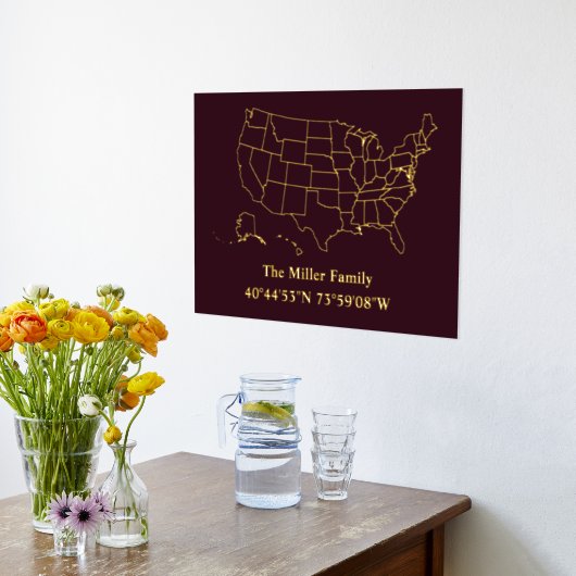 高級金ゴールド米国地図経度緯度実在家 箔ポスター (レイダウン (キッチン))