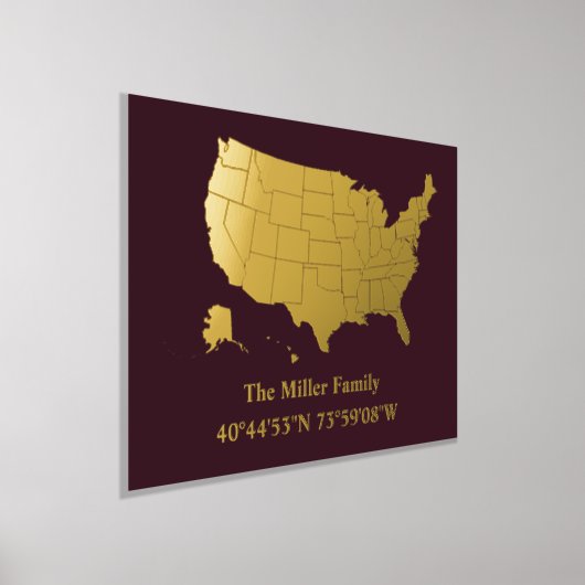 高級金ゴールド米国地図経度緯度実在家 箔ポスター (レイダウン)