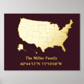 高級金ゴールド米国地図経度緯度実在家 箔ポスター (正面)