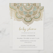 高級金ゴールド華美ティール(緑がかった色)マンダラベビーシャワー招待状 サンキューカード (正面/裏面)