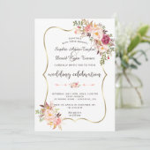 高級金ゴールド赤面ピンクフローラブルゴーニュ結婚ーズ 招待状 (スタンド正面)