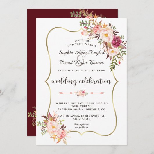 高級金ゴールド赤面ピンクフローラブルゴーニュ結婚ーズ 招待状 (正面/裏面)