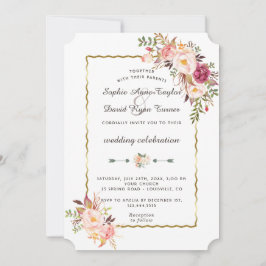 高級金ゴールド赤面ピンクフローラブルゴーニュ結婚ーズ 招待状