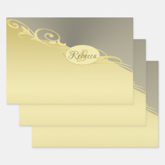 高級金ゴールド金ゴールド&シルバーの装飾， Monogram ラッピングペーパーシート (セット)