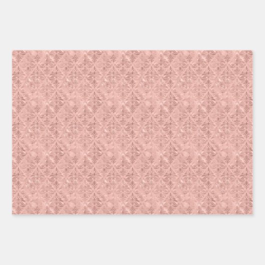 高級金ゴールド、ほこりっぽいピンク、緑のダマスクパターン ラッピングペーパーシート (正面2)