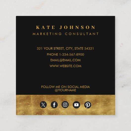 高級金ゴールド&ブラックQRコードソーシャルメディアスクエア スクエア名刺 (裏面)