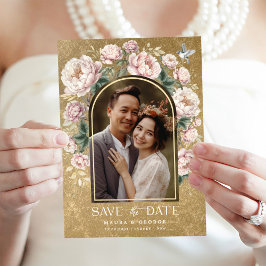 高級金ゴールドChinoiserieフローラ写真Save the Date 招待状