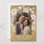 高級金ゴールドChinoiserieフローラ写真Save the Date 招待状 (正面)