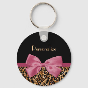 高級金ゴールドFur Leopard Print Mauve Bow With Name キーホルダー