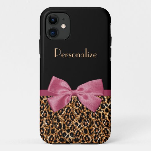 高級金ゴールドFur Leopard Print Mauve Bow With Name Case-Mate iPhoneケース (裏面)