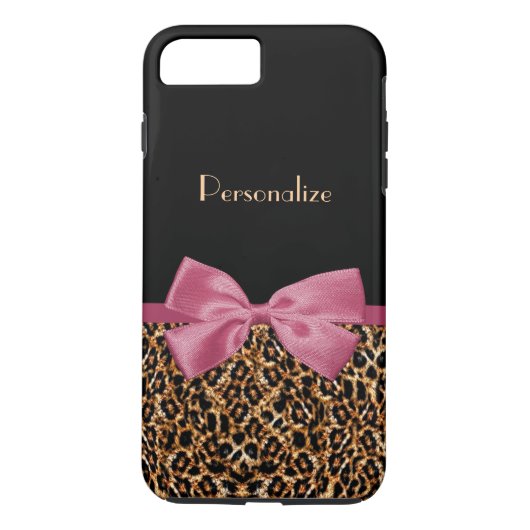 高級金ゴールドFur Leopard Print Mauve Bow With Name Case-Mate iPhoneケース (裏面)