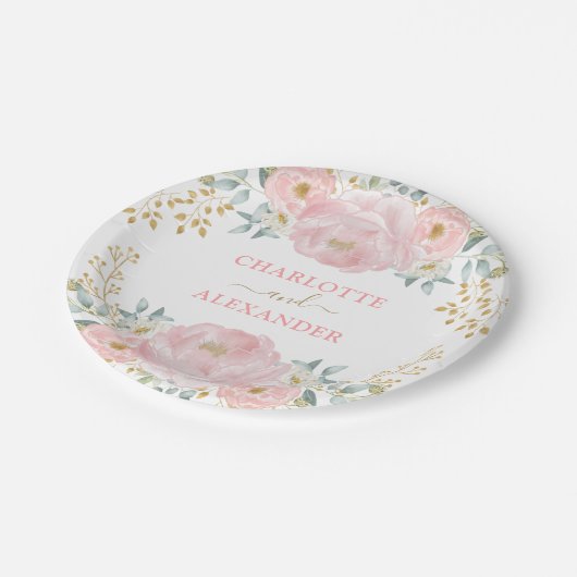 高級開花/ソフトピンクウォーターフローラ結婚ズ ペーパープレート (アングル)