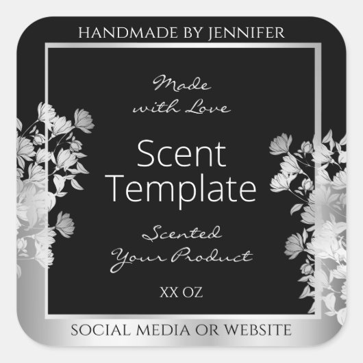 高級黒フローラ製品包装ラベル銀 スクエアシール (正面)