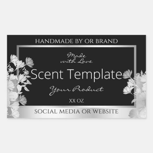 高級黒フローラ製品包装ラベル銀 長方形シール (正面)