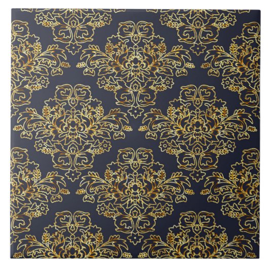 高級，ヴィンテージ，ネイビエレガントーブルー，金ゴールド,フローラ タイル (正面)