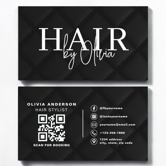 高級QRコード ヘアスタイリスト 黒キルティング生地 名刺