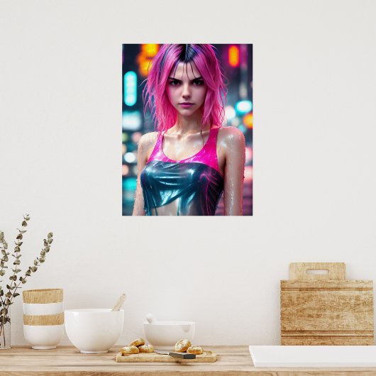 高詳細RAWカラードラマチック写真ピンクヘア ポスター (キッチン)