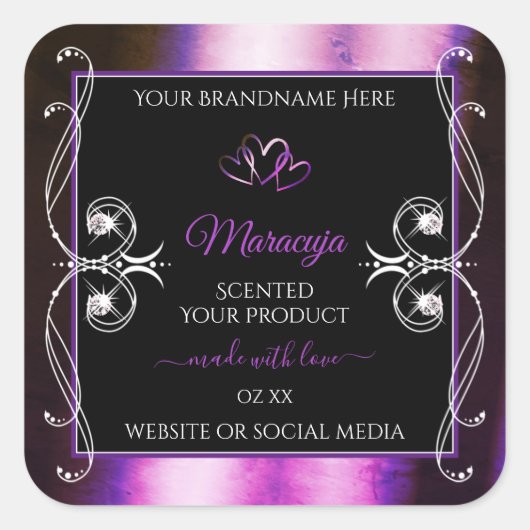 高貴なパープルブラック製品ラベルが輝くダイヤモンド スクエアシール (正面)