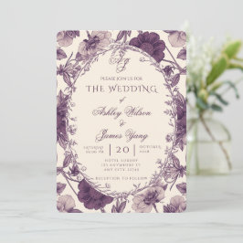 高貴な紫の花のボタニカル結婚式招待状 招待状