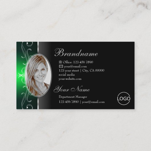 高貴な黒の緑の四角い宝石のロゴと写真 名刺 (裏面)