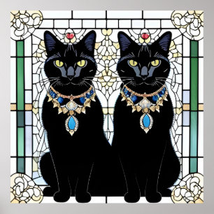 高貴な黒猫のステンドグラスジュエリー壁掛けアート ポスター