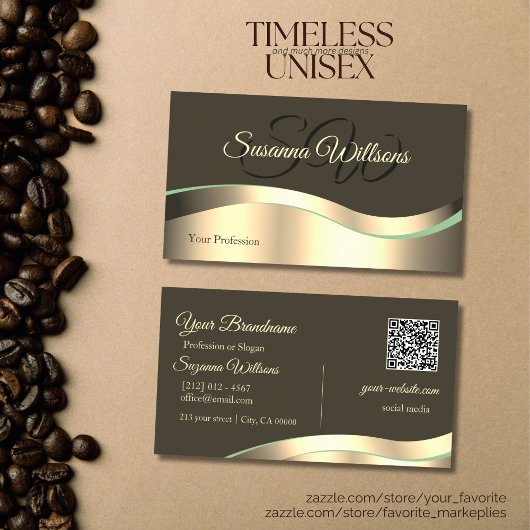 高貴ダークブラウン波状金ゴールドデコールイニシャルQRコード 名刺