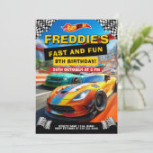 高速とおもしろいのレースカーの誕生日パーティースポーツカー 招待状 (スタンド正面)